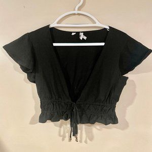 Black Self Tie Ruffle Sleeve Crop Top
